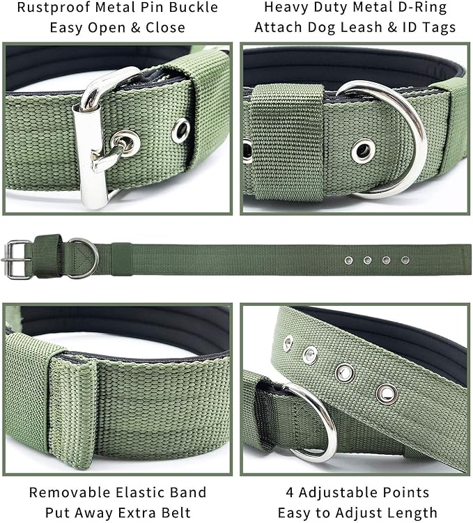 Heavy Duty Tactical Dog Collar - 1.5" Width Military Durable Thick Nylon with Adjustable Metal D Ring & Buckle Working Training K9 Collar for Medium Large Dogs (M(17"-20"), Army Green)