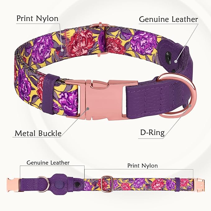 AirTag Dog Collar for Small Medium Large Breed - Adjustable Cute Pattern Dog Collar with Airtag Holder - Soft Leather Tracker GPS Apple Air Tag Pet Collars (Medium, 14"-18" Neck Fit, Peonies)