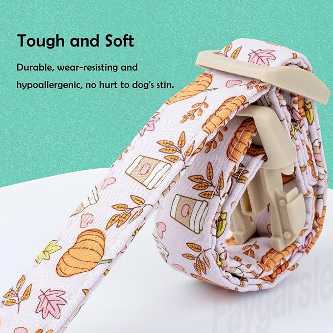 Faygarsle Fall Pumpkin and Leaves Pattern Dog Collar with Charm, Adjustable Pet Neckwear, Pink and Orange for Small Medium Large Dogs L