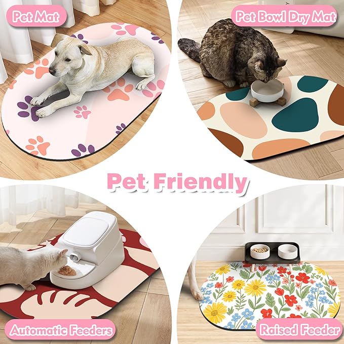 Cat Food Mat 24''x16'', Absorbent Cat Mats for Food and Water, Non-Slip Rubber Mat for Cats Bowls, Easy Store Pet Food Placemat, Mats for Under Cats Food Bowls, Fit with Kitchen, Living Room, Pink Paw