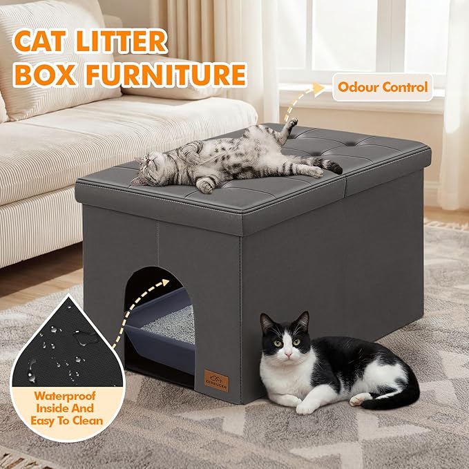Cat Litter Box Enclosure Furniture for Odor Control, Hidden Cabinet Cat Litter Box Furniture Ottoman with Flip-Up Lid,Cats Litter Box Bench with Storage Space, Dog Proof (Gray-Faux Leather, Large)