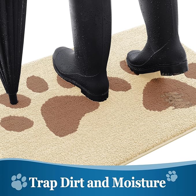 Buganda Dog Door Mat for Muddy Paws, Absorbent Dirt Trapper Washable Indoor Doormats, Non Slip Low-Profile Mud Mat for Dogs, Front Entrance Doormat for Inside Floor (36x24 Inches, Light Beige)