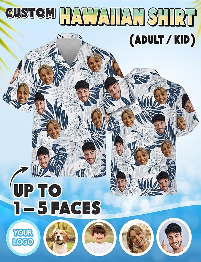 Custom Hawaiian Shirt with Face Photo Picture for Men Women Kids Youth Adult, Tropical Personalized Hawaiian Shirts Gift