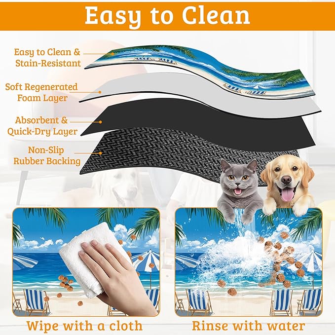 Pet Feeding Mat,Sea Beach Absorbent Dog Cat Food Mat Palm Tree Dog Mat with Rubber Backing,Non-Slip Water Bowl Placemat,Pet Supplies 16" x 24"