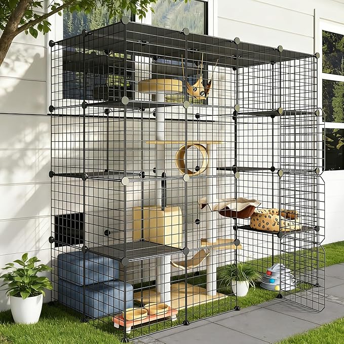 Oneluck Outdoor Cat House Cat Cages Enclosure with Super Large Enter Door, Balcony Cat Playpen with Platforms,DIY Kennels Crate Large Exercise Place Ideal for 1-3 Cats (55L x 28W x 55H)