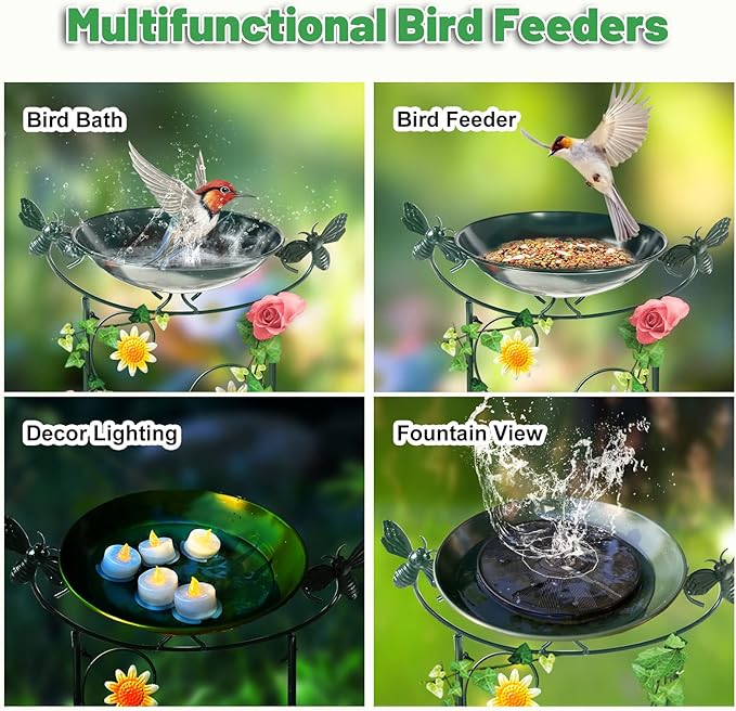 HONGLAND 36.5" Metal Bird Bath with Trellis, Outdoor Garden Birdbath with Detachable Bowl & Climbing Plant Support, Decorative Bird Feeder Station with Bee for Yard, Patio, Fence