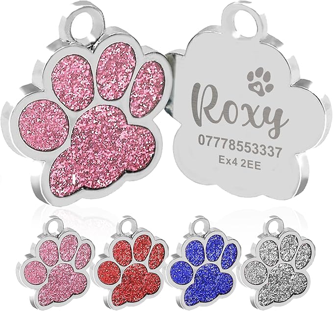 EDSG Cat Dog Tags Personalized for Pets, Dog Name Tags Cat Name ID Tag, Engraved Dog Tags Dog ID Tags Small Glitter Bling ID Tag Paw Print for Cat Pet Dog Puppy(Blue,Design 4)