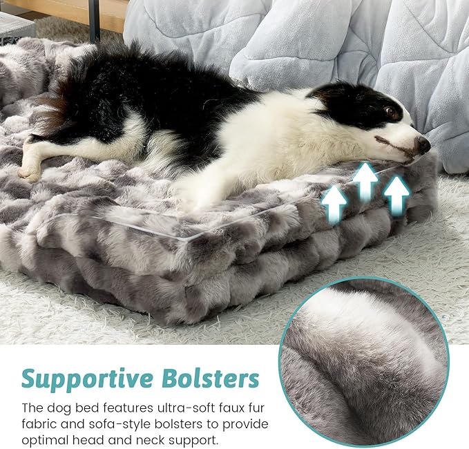 Self Warming Dog Bed for Large Size Dog, Faux Fur Orthopedic Puppy Sofa with Washable Removable Cover, Bolster Orthopedic Foam Bed for Pet Up to 100 lbs, XL 44x32x7 inch, Tie Dye Grey