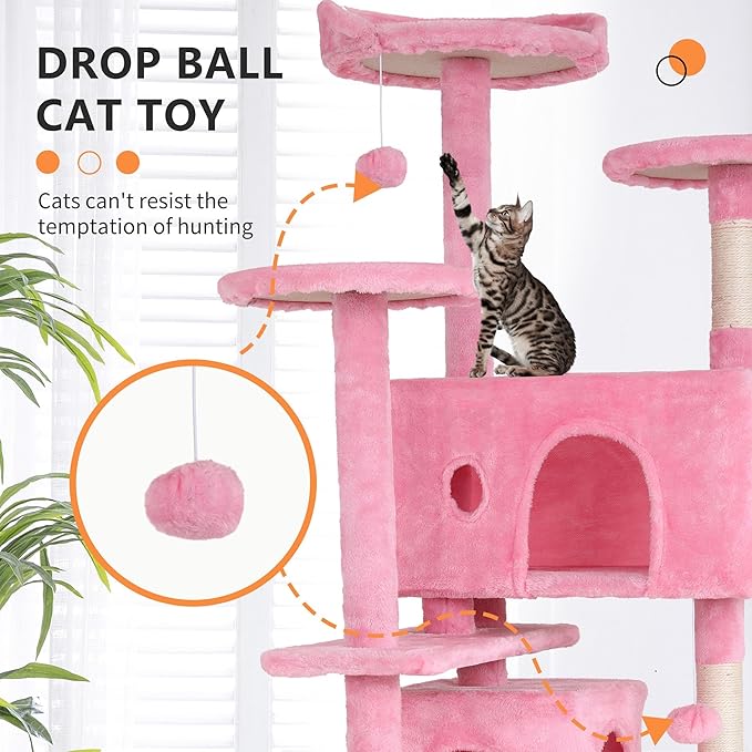 70 Inch Pink Cat Tree, Tall Cat Tower with 2 Condos, 3 Scratching Posts, Multi-Level Platforms - Sturdy Climbing Structure Tall Cat Tower for Indoor Cats
