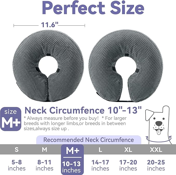 Soft Inflatable Dog Cone Collar Alternative After Surgery - Dog Neck Donut E Collar for Large Medium Small Dogs Cats Post Surgery - Recovery Collar to Stop Licking - Grey, M+