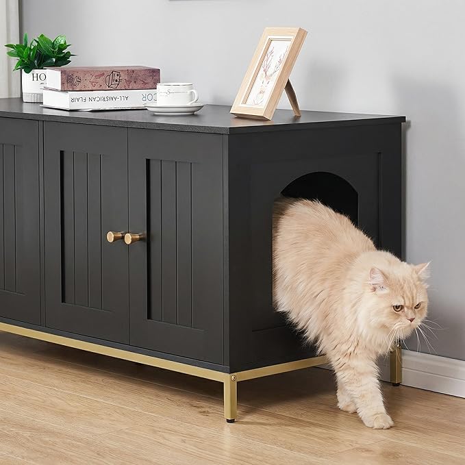 Homhedy Cat Litter Box Enclosure for 2 Cats, Cat Washroom Furniture with Double Room, Pet House with Metal Frame, 47.2”L x 17.7”W x 21.7”H, Black and Gold