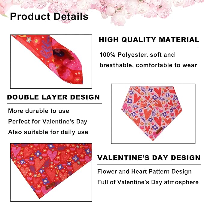 ADOGGYGO Valentines Dog Bandana 2 Pack, Heart and Floral Print Pet Scarf Bib, Adjustable Fit Red Pink Valentines Bandanas for Medium Large Dogs (Large)