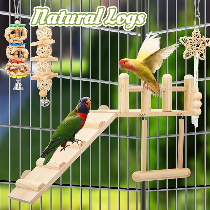 10 Pcs Bird Toys for Parakeets Cage Accessories Parrot Swing Toys and Wooden Perches Platform with Climbing Ladder for Chewing Standing Hanging Swinging Training Budgerigar Conure Cockatiel Finches