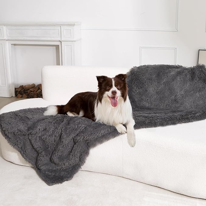 gogobunny Waterproof Dog Blanket for Couch & Furniture Protection - Super Soft Reversible Throw for Large Dogs & Cats, Calming Washable Fur & Sherpa Pet Blanket(33x77 Inch, Grey)