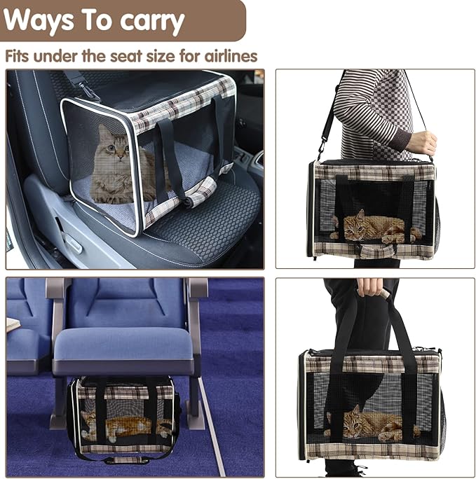 EXPAWLORER Large Cat Carrier Dog Carriers Soft for Small Medium Cats Puppies Up to 20lbs, Airline Approved Pet Carrier Soft-Sided Collapsible Pet Travel Carrier Fit 2 Kitties (Brown)