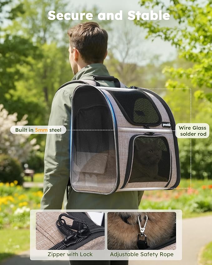 Pecute Cat Backpack Carrier Expandable, Pet Backpack for Cats & Small Dogs Up to 11lbs, with 4-Side Breathable Mesh, Multi-Entry & Lockable Zippers for Travel, Hiking, Camping - Hands Free, Khaki