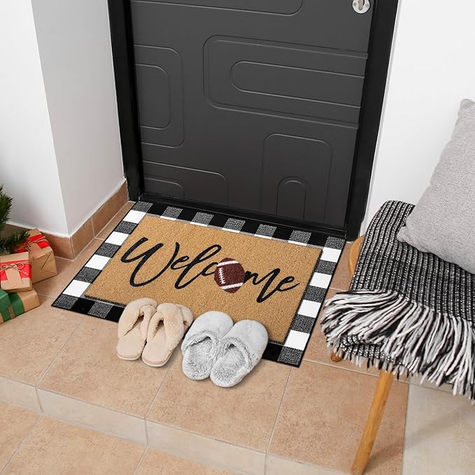 Tinideya 2 Pcs Door Mat Welcome Non Slip Coir Mats Floor Layering Doormats Seasonal for Front Porch Entryway Decor(Football)