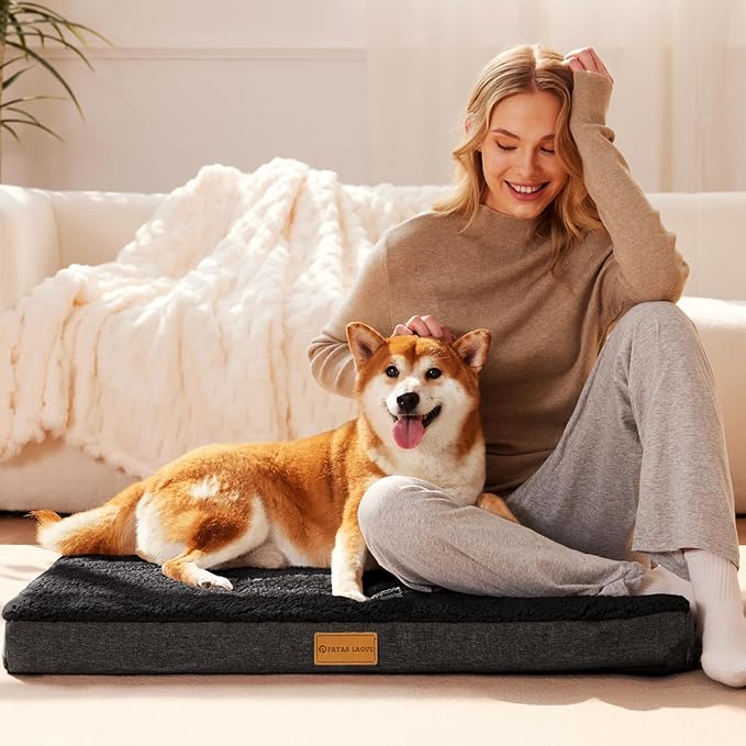 Patas Lague Orthopedic Dog Bed Large Sized Dog 36''X24'',Soft Waterproof Egg Crate Foam Medium Pet Crate Beds Mat with Removable Washable Cover and Non-Slip Bottom, Black
