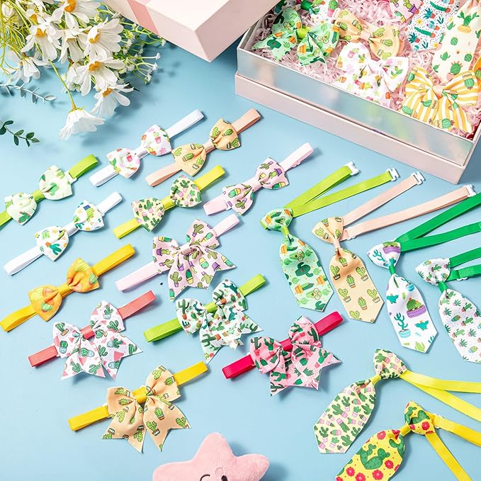 Reginary 100 Pieces Dog Bow Tie Collar Set Include 40 Dog Neckties, and 30 Puppy Bowties, 30 Collar Flowers, Adjustable Pet Ties Grooming for Small Medium Cats Pets Supply(Cactus)