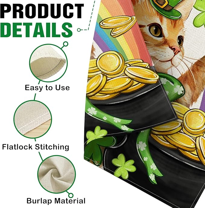 Dyrenson Happy St Patricks Day Orange Cat Decorative Garden Flag, Pet Rainbow Pot of Gold Yard Outside Home Decorations, Spring Irish Shamrock Clover Burlap Outdoor Small Decor Double Sided 12 x 18