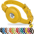 OOPSDOGGY Leather AirTag Cat Collar with Bell - Non Breakaway Kitten Collar with Apple Air Tag Holder - Lightweight GPS Pet Collars for Girl Boy Cats, Small Dogs, Puppies (Yellow)