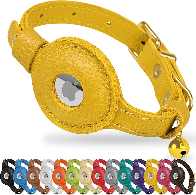 OOPSDOGGY Leather AirTag Cat Collar with Bell - Non Breakaway Kitten Collar with Apple Air Tag Holder - Lightweight GPS Pet Collars for Girl Boy Cats, Small Dogs, Puppies (Yellow)