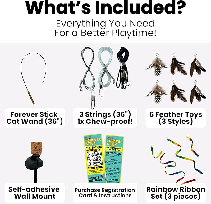 Forever Stick Cat Toys Pack Bundle - The Unbreakable Cat Wand Toy with Extra Cat Wand Strings, Rainbow Ribbons and 6 Feather Toys, Refill Toys Bundle Pack, Replacement Lures Attachment Toys