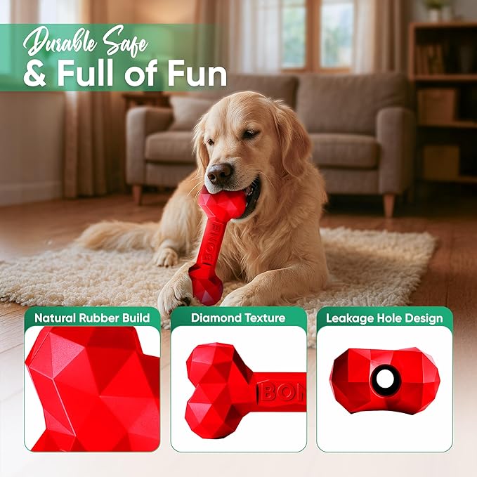 Natural Rubber Dog Chew Bone – Treat-Dispensing, Tough & Indestructible Chew Toy – Safe for Aggressive Chewers – Dental Health & Boredom Relief – (Red)
