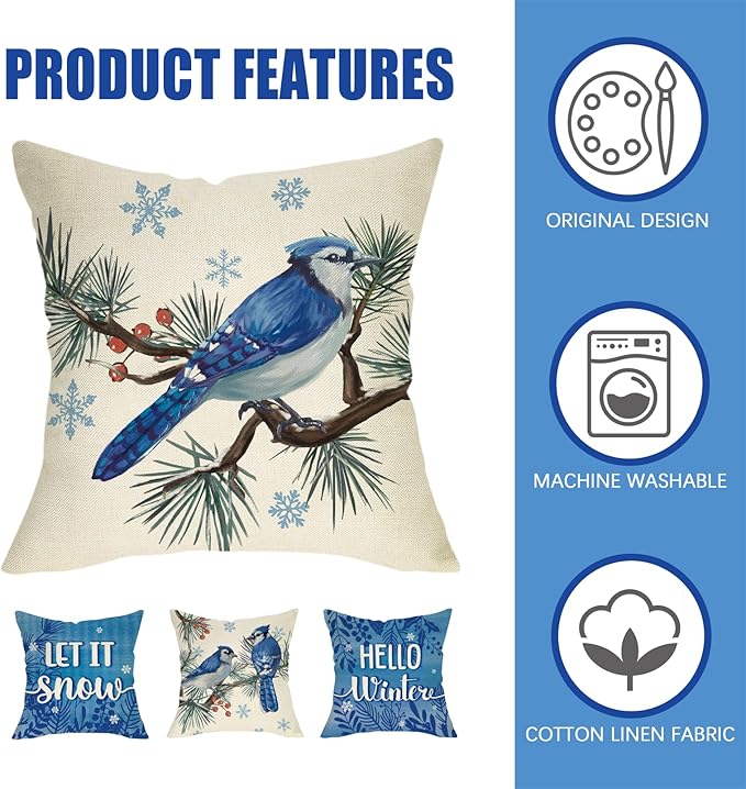 Fahrendom Hello Winter Bluebird Decorative Throw Pillow Covers 18x18 Set of 4, Let It Snow Blue Jay Branch Porch Patio Outdoor Pillowcase, Christmas Pine Needle Red Berry Sofa Cushion Case Home Decor