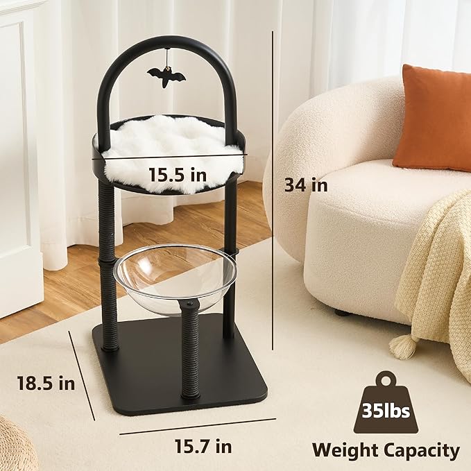 Modern Cat Tree Tower for Indoor Cats up to 12lbs, 34" H Furniture-Style Metal Cat Tower with Scratching Posts, Wood Cat Bed with Soft Plush Cushion Washable, Acrylic Capsule, Classic Black