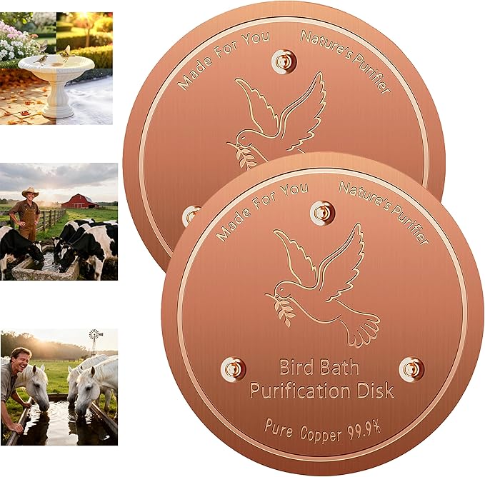 2 pack Copper Disk, 99.9% Pure Copper disk for bird bath, horses, Cattle Water Trough,Waterfall Fountain, Universal Fit for birds bowls and water troughs for livestock, Purify Water Year Round