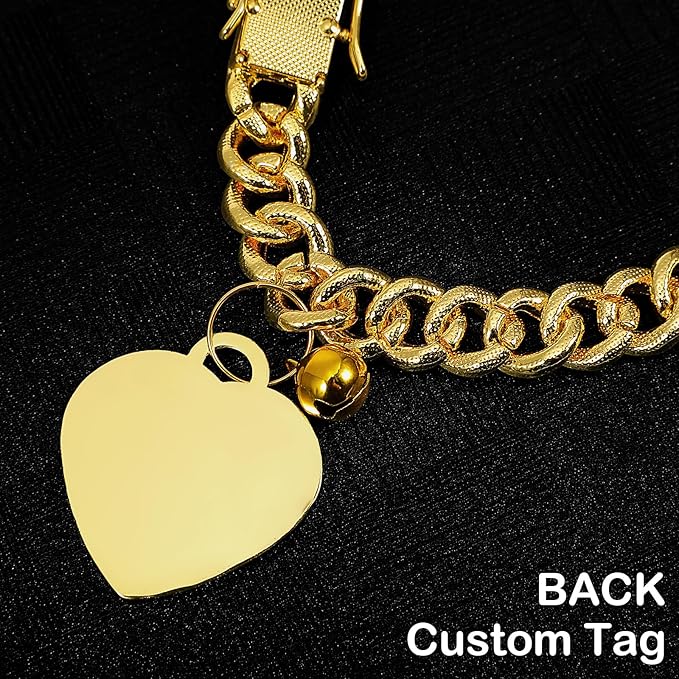 Hillban Dog Chain Gold-Plated Diamond Collar with Heart Rhinestones Jewelry Pet ID Tag Chain Bling Puppy Collar with Personalized Name Tag for Small Medium Large Dog Cat(Gold,8 Inch)