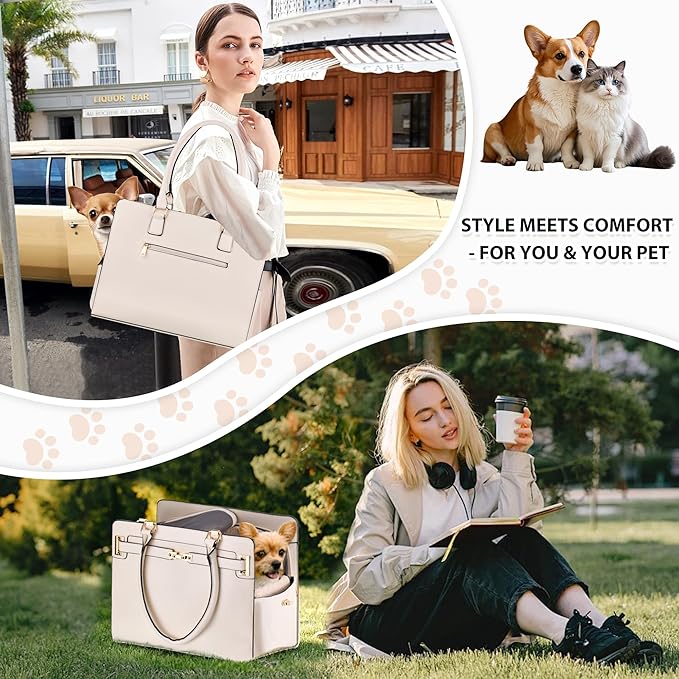Dog Purse Carrier for Small Dogs, Stylish Foldable Pet Carrier Purse Tote Bag with Washable Cushion & Safety Leash, Airline Approved Puppy Travel Bag with Pockets (White)