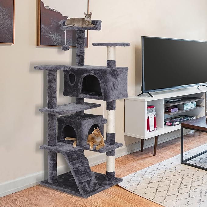 54-Inch Cat Tree for Large Cats, Sturdy Multi-Level Cat Tower with 2 Condos, Hanging Ball and Sisal Scratching Posts, Durable Cat Furniture for Indoor Cats (Dark Grey)