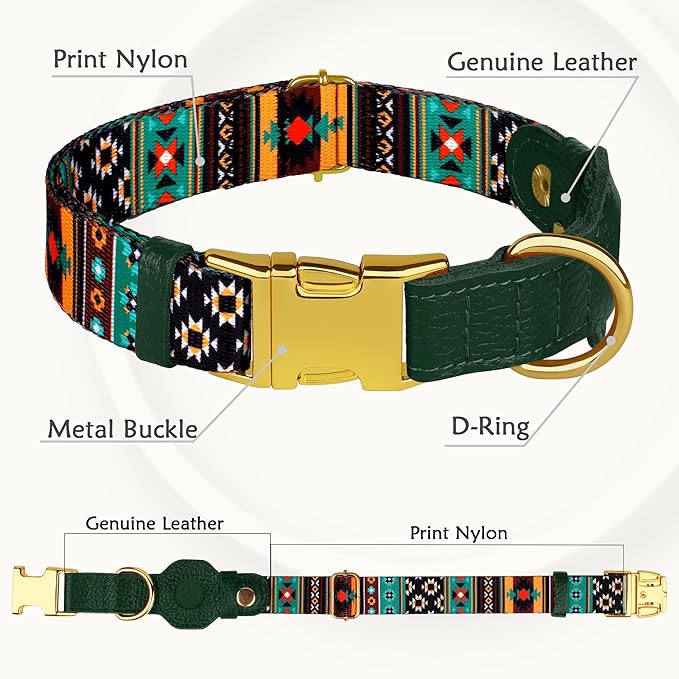 AirTag Dog Collar for Small Medium Large Breed - Adjustable Cute Pattern Dog Collar with Airtag Holder - Soft Leather Tracker GPS Apple Air Tag Pet Collars (Medium, 14"-18" Neck Fit, Tribal)
