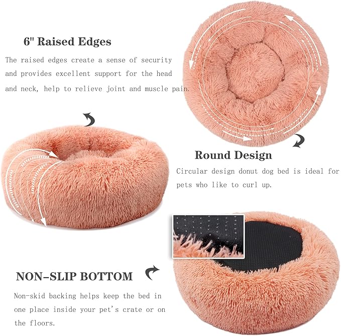 Calming Donut Dogs Beds for Small Dogs Washable,19inch Fluffy Round Puppy Bed for Puppies,Cats & Toy Breeds with Raised Rim,Fits up to 15 lbs Pets,Pink