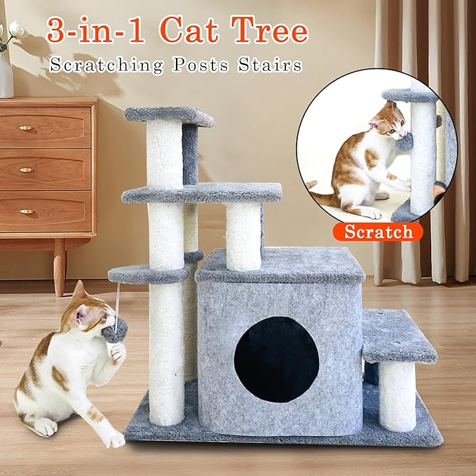 25.6in Cat Tree Tower, Cat Condo with Sisal-Covered Scratching Posts, Cat House Activity Center Furniture for Kittens, Cats and Pets - Dark Gray ﻿