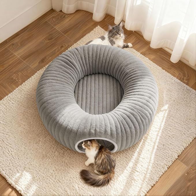 Cat Tunnel Bed for Indoor Cats, Peekaboo Cat Cave Bed,Soft Cat Donut Tunnel for Kitten Large Cats, Grey