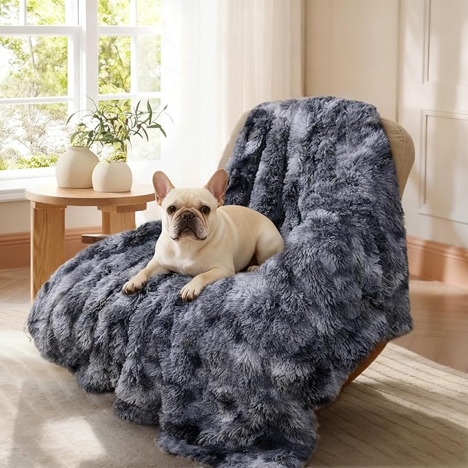 Luciphia Large Waterproof Dog Blanket for Pet Washable Liquid Proof Bed Intimacy Protection Shaggy Plush Calming Long Faux Fur Couch Cover Calming Cat Throw Blankets, Tie-dye Grey, 60" x 80"