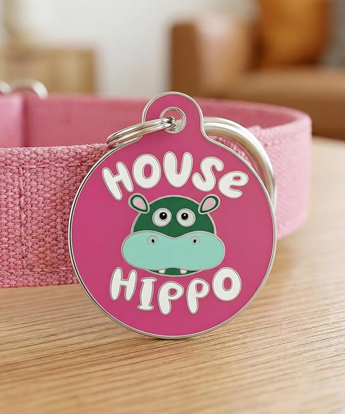 Bad Tags Personalized Dog and Cat ID Tags in 25+ Designs and 2 Sizes - 5 Lines of Custom Engraved Text - Funny Cute Personalized Pet Tags (House Hippo - Pink, Small (1 inch))