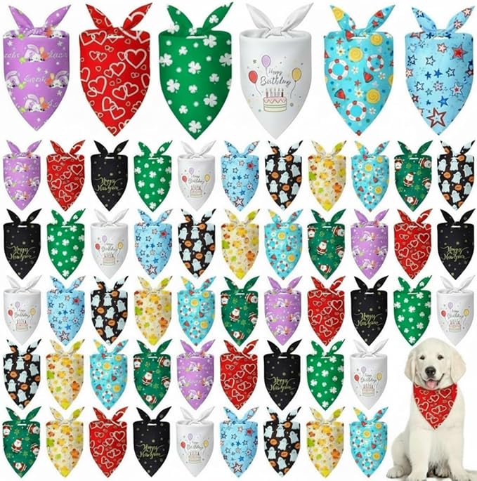 Weewooday 50 Pcs Holiday Dog Bandanas Bulk for Valentine's & St. Patrick's Day, Easter Happy Birthday Summer Soft Bibs Adjustable Triangle Bandana for Small Medium Large (25.6 x 17.7 x 17.7 Inch)