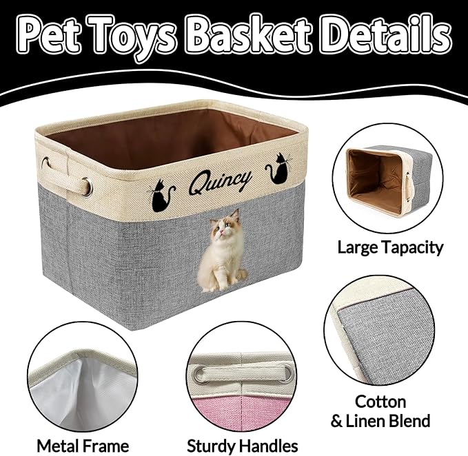 Personalized Dog Toy Storage Basket Custom Dog Name Photo Cat Pet's Gift Baskets Collapsible Organizer Box Foldable Storage Basket with Handle for Toys, Coats, Clothing, Blankets, Purple