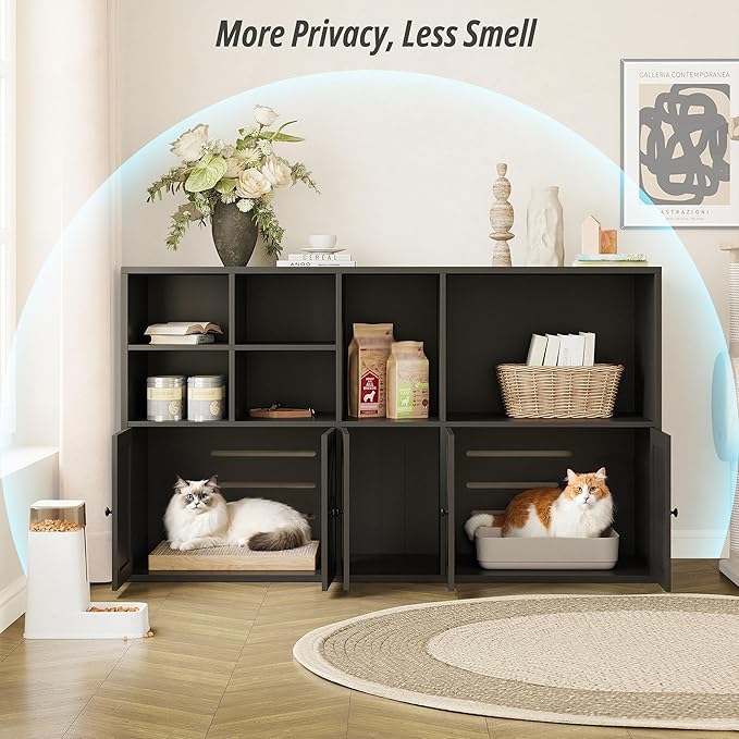 IRONCK Cat Litter Box Enclosure for 2 Cats, Litter Box Furniture Hidden with Double Room and Large Storage Space, Wooden Washroom Furniture, Cat House, Black