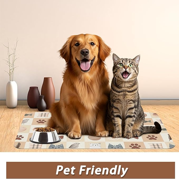 Cute Cat Toy Print Dog Food Mat for Floors,Absorbent Pet Food and Water Bowl Mats,Non-Slip Pet Feeding Mat,Pet Supplies 16" x 24"