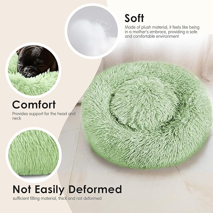 Dogs Bed for Small Dogs, Anti-Anxiety Washable Round Bed (Green, 24.0" L x 24.0" W x 8.0" Th)
