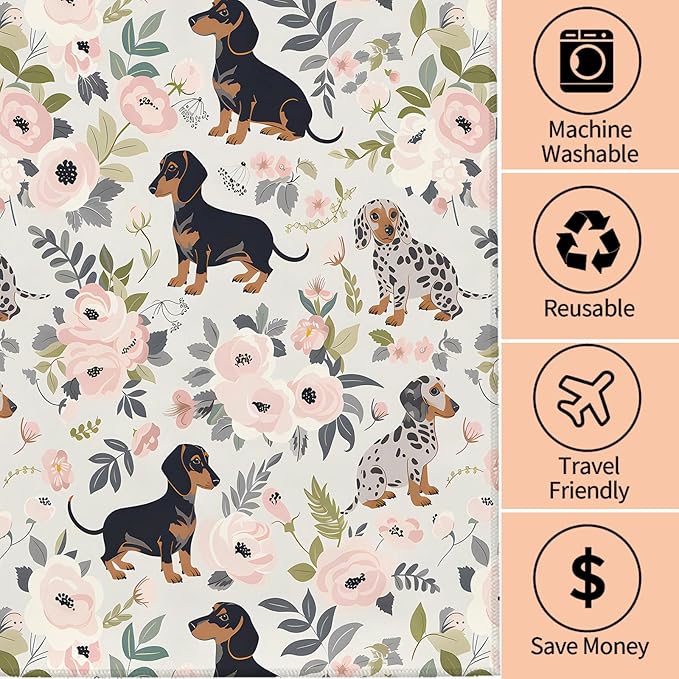 Cute Dachshund Hand Towels - 2 Pack,14.5" X 28",Soft Microfiber Polyester Towel Set with Weiner Dog-Lover & Floral Pattern,for Rustic Bathroom Kitchen Spa Hotel Decor Gifts Women Girl
