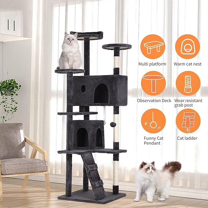 70 Inch Dark Gray Cat Tree, Tall Cat Tower with 2 Condos, 3 Scratching Posts, Multi-Level Platforms - Sturdy Climbing Structure Tall Cat Tower for Indoor Cats