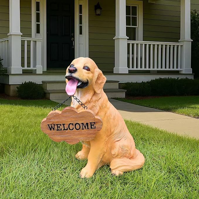 Golden Retriever Statue Outdoor Decorations – Dog Statues Outdoor Sitting Golden Retriever with Replaceable Solar Light & Welcome Sign for Lawn Décor