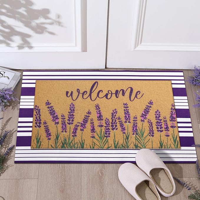 Tinideya 2 Pcs Lavender Door Mat Purple and White Stripe Welcome Non Slip Coir Mats Flower Floor Layering Doormats Seasonal for Front Porch Entryway Decor(Lavender)