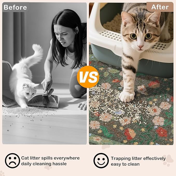 Bienbee Cat Litter Mat, 33" x 22" Large Size Litter Box Mat Rug with Non-Slip Bottom,Urine and Water Proof, Easy to Clean Cat Supplies Essentials for Indoor Kitty Kitten Floor,Green Flowers L
